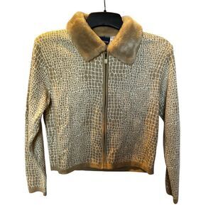 Liz Claiborne Women's Cropped Sweater Jacket Giraffe Print Cream/Tan Small